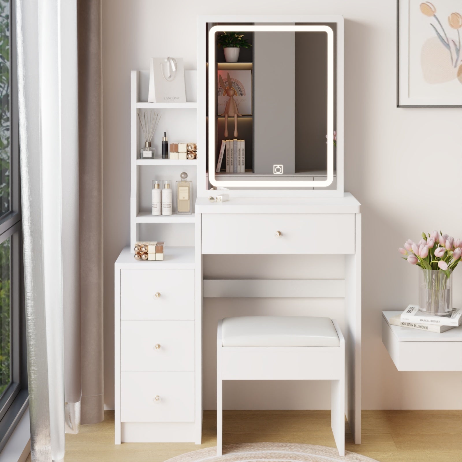 Tocador Left Bedside Cabinet Vanity Table Cushioned Stool, Extra Large Touch Control Sliding LE