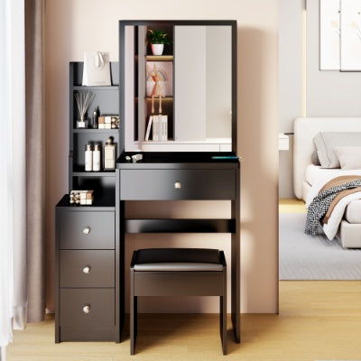 Tocador Left Bedside Cabinet Vanity Table Cushioned Stool, Extra Large Right Sliding Mirror, Multi Layer High Capacity Storage, Practical Fashionable Dresser, Suitable For Small Space