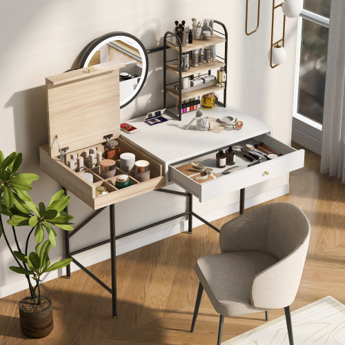 Tocador Makeup Vanity Desk With 3-Mode Lighted Mirror & Wireless Charging Station , Vanity Table With Drawer & 3 Open Shelves For Ample Storage Space