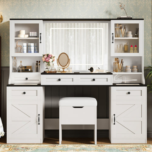 Tocador Vanity Desk With Mirror And LED Lights, Dressing Table With 5 Drawers And 4 Cabinets, Makeup Vanity Table Set With Glass Visual Desktop And Cushion Stool, For Bedroom