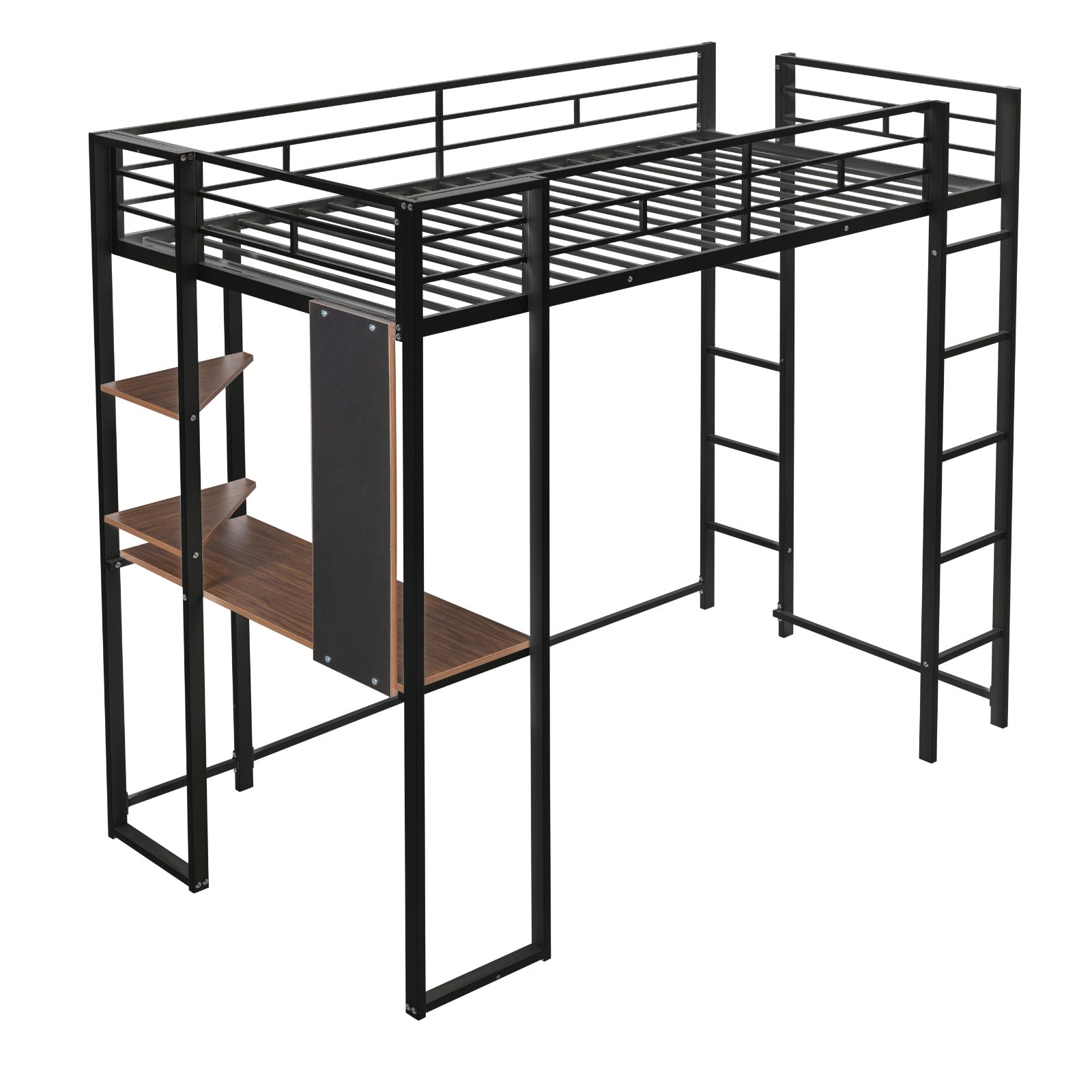 Twin Metal Loft Bed With 2 Shelves And One Desk ,BLACK