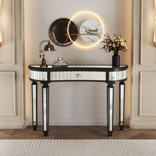 Half  Moon Mirrored Console Table With Fluted Glass  Crystal Knob Drawer  Silver Entryway Vanity Desk For BedroomDressing RoomGold Sliver
