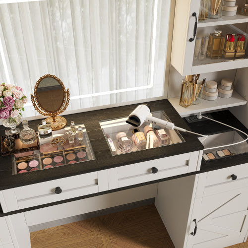 Tocador Vanity Desk With Mirror And LED Lights, Dressing Table With 5 Drawers And 4 Cabinets, Makeup Vanity Table Set With Glass Visual Desktop And Cushion Stool, For Bedroom