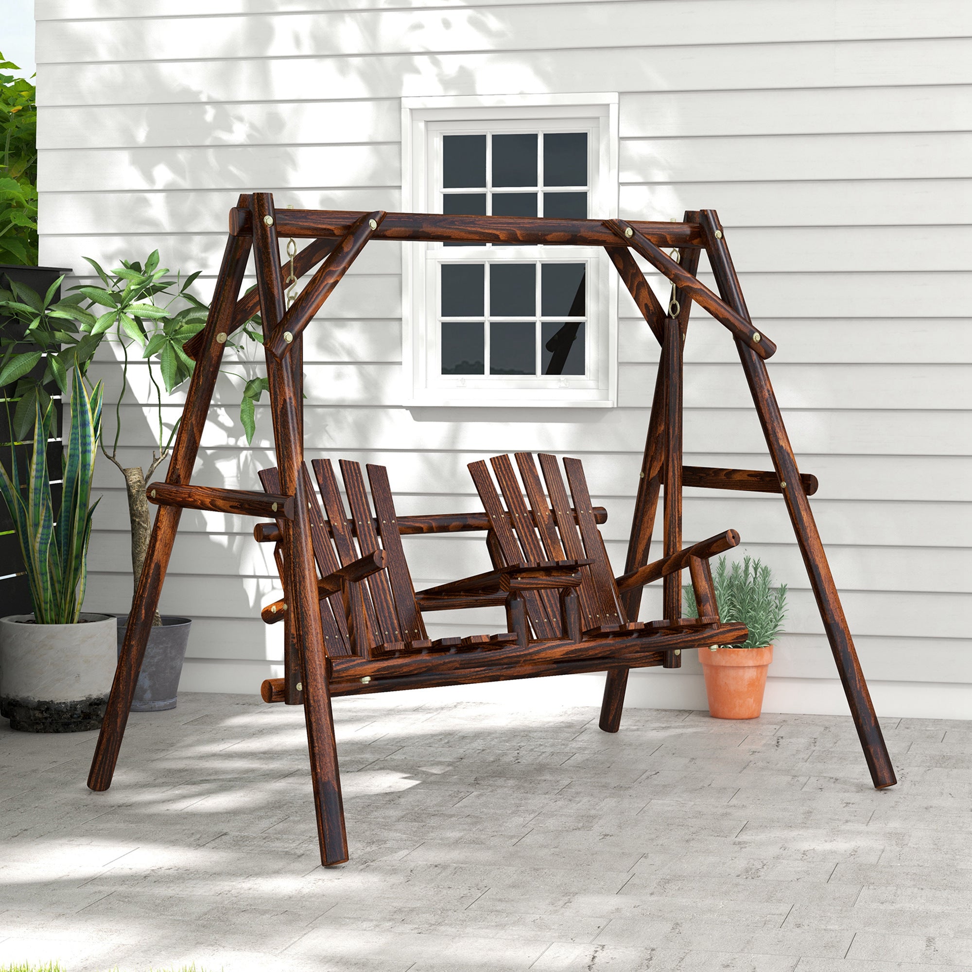 Adirondack Swing Chair Outdoor 2-Seat Freestanding Solid Wood With Center Table Carbonized
