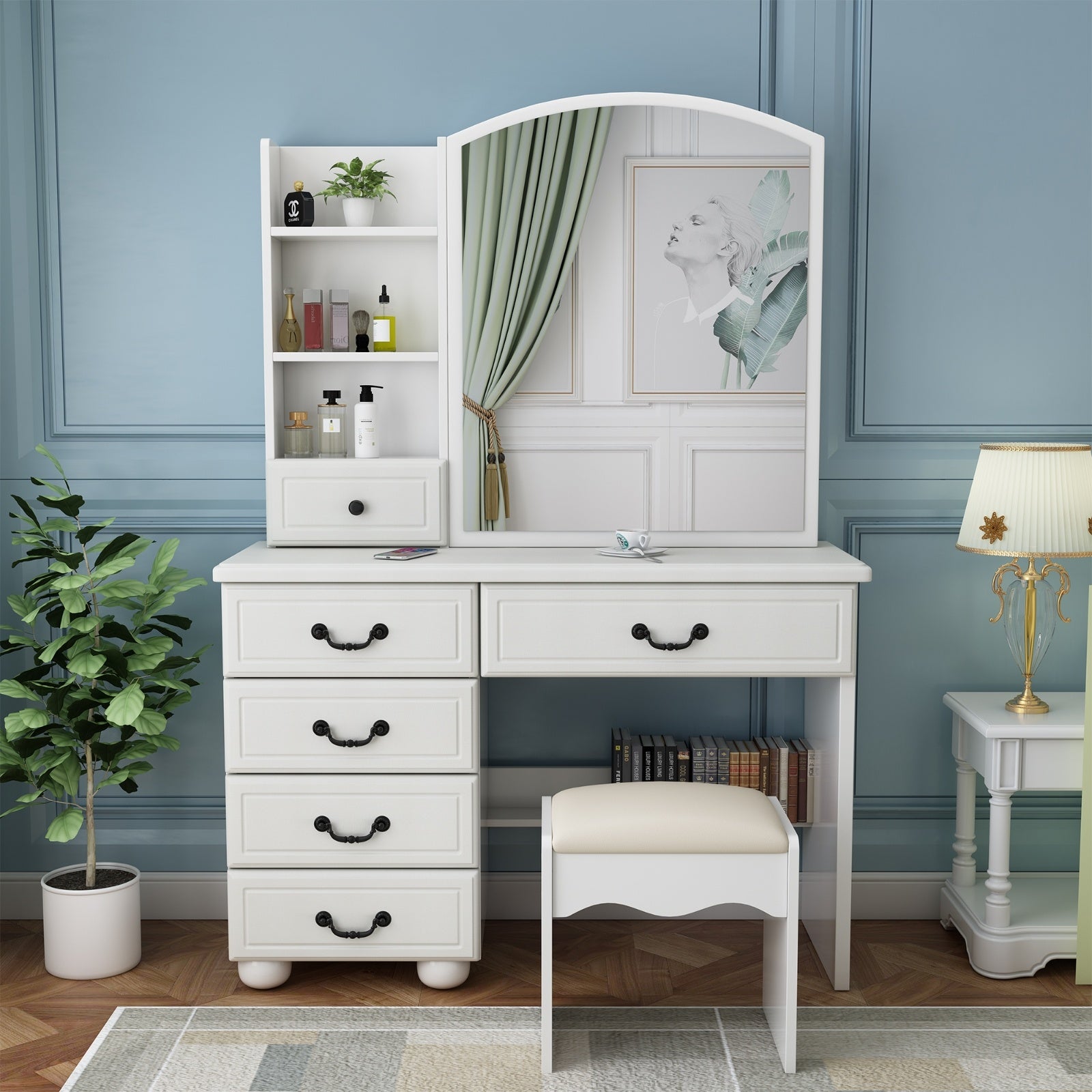 Tocador Vanity Desk With Mirror & Lights, Makeup Table Set