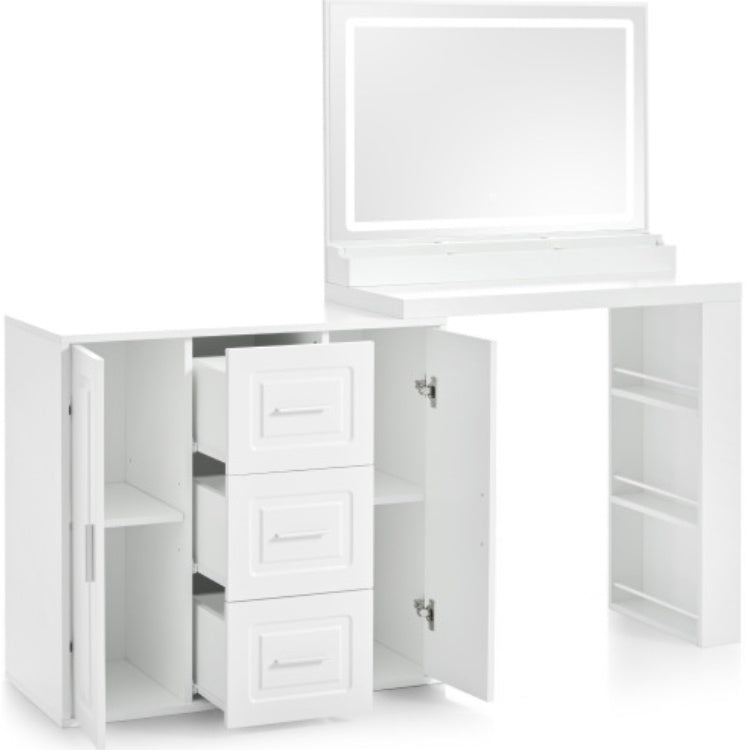 Tocador Makeup Vanity Desk With Mirror, Vanity Mirror With Lights, Dressing Table With 3 Drawers And 2 Cabinets, Vanity Table With Storage Shelves For Bedroom, White