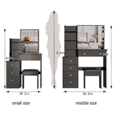 Tocador Left Bedside Cabinet Vanity Table  Cushioned Stool, Extra Large Right Sliding Mirror, Multi Layer High Capacity Storage, Practical Fashionable Dresser, Suitable For Small Space