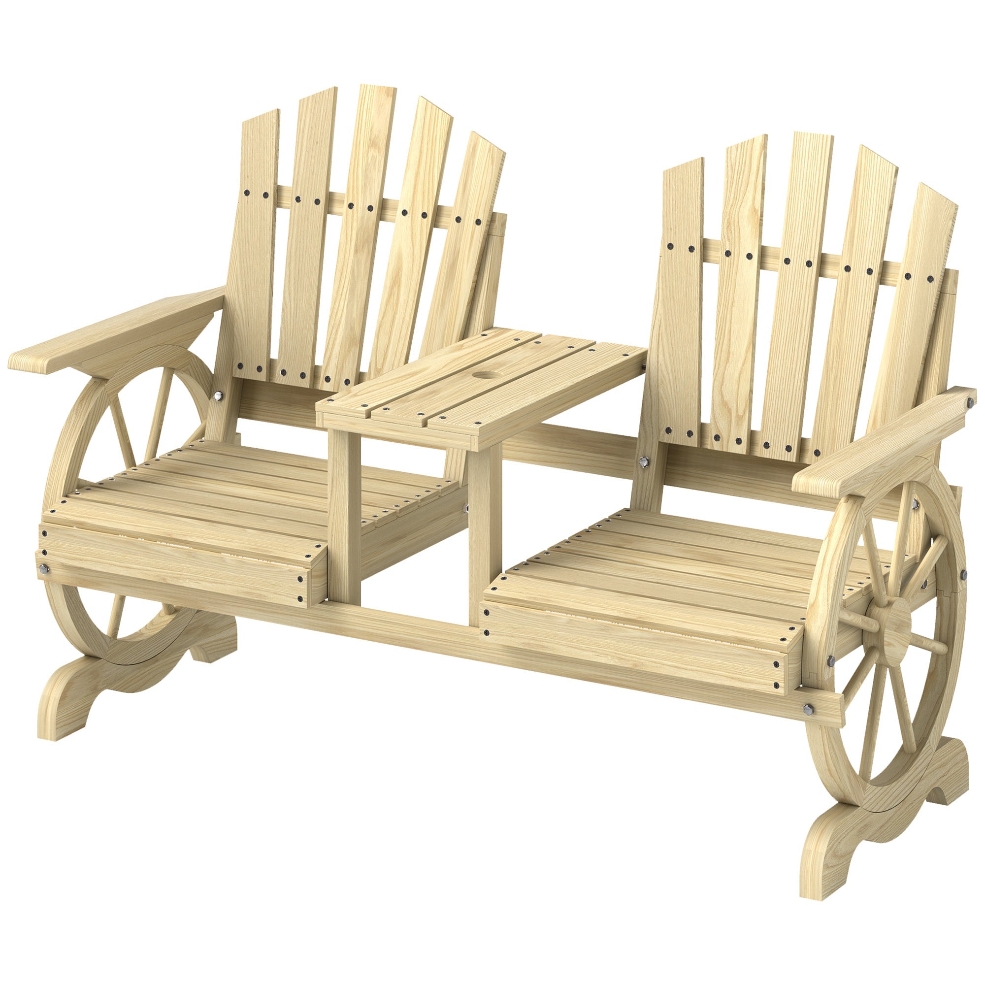 2-Seat Wooden Garden Bench With Table, Umbrella Hole, High Backrest, Armrests For Backyard, Patio, Garden, Natural Wood