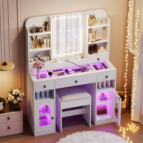 Tocador Vanity Desk With LED Mirror And Lights, Glass Top Vanity With RGB Glass Light Cabinets, Dressing Table With 5 Drawers ,Storage Shelves And Stool For Bedroom, White