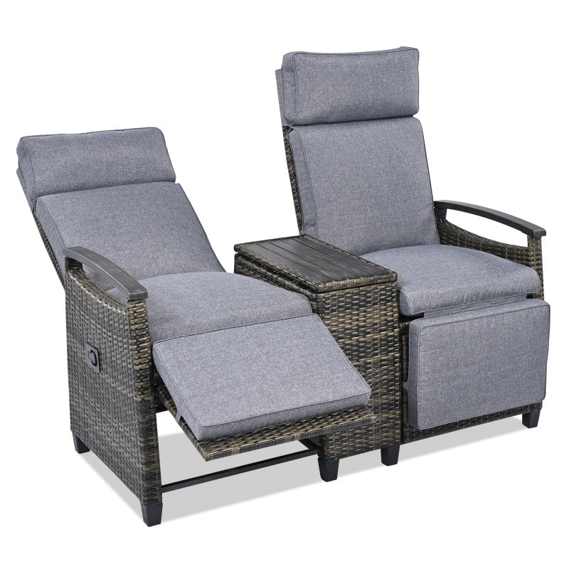 Terrace Lounge Chair Double Sofa, Adjustable Backrest Willow Outdoor Leisure Chair Set, Equipped With Acacia Wood Armrests And Built-in Storage Table, Gray, Prohibited Platform Temu