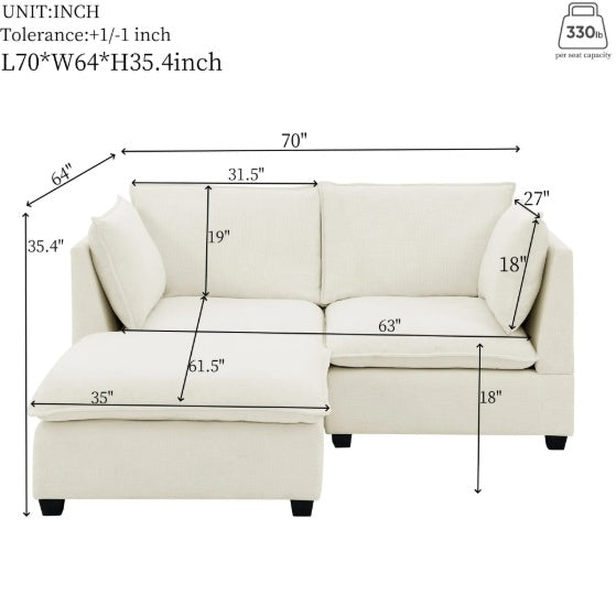 Modular Couch Comfy Cloud Couch Loveseat With Ottoman, Modern Chenille Love Seat Upholstered Modular Couch Sleeper For Living Room, Apartment, Studio, Office Beige White