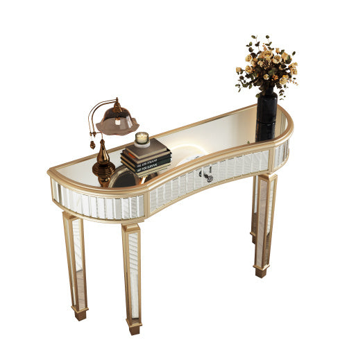 Half  Moon Mirrored Console Table With Fluted Glass  Crystal Knob Drawer  Silver Entryway Vanity Desk For BedroomDressing RoomGold Sliver