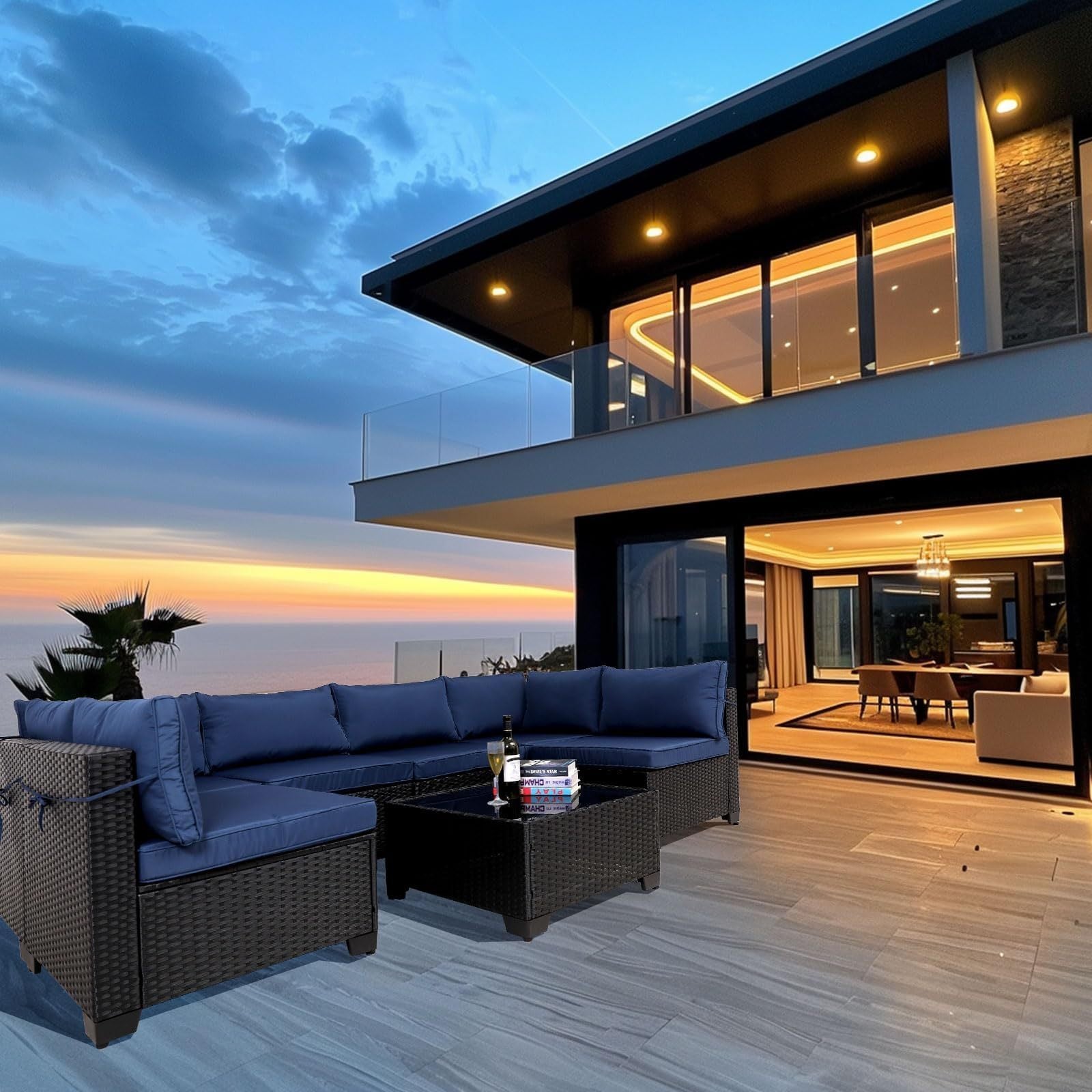 Juego de muebles exterior 7 Pieces Outdoor Rattan Patio Sectional Set, Black Wicker Furniture Conversation Sets With Washable Cushions & Glass Coffee Table For Garden, Poolside, Backyard