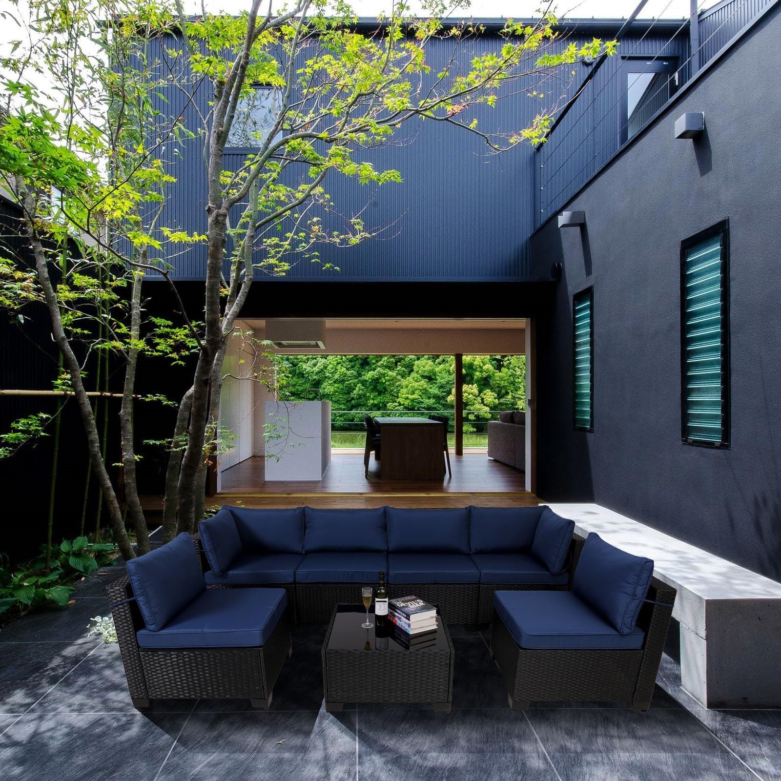 Juego de muebles exterior 7 Pieces Outdoor Rattan Patio Sectional Set, Black Wicker Furniture Conversation Sets With Washable Cushions & Glass Coffee Table For Garden, Poolside, Backyard