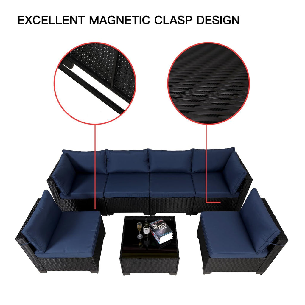 Juego de muebles exterior 7 Pieces Outdoor Rattan Patio Sectional Set, Black Wicker Furniture Conversation Sets With Washable Cushions & Glass Coffee Table For Garden, Poolside, Backyard