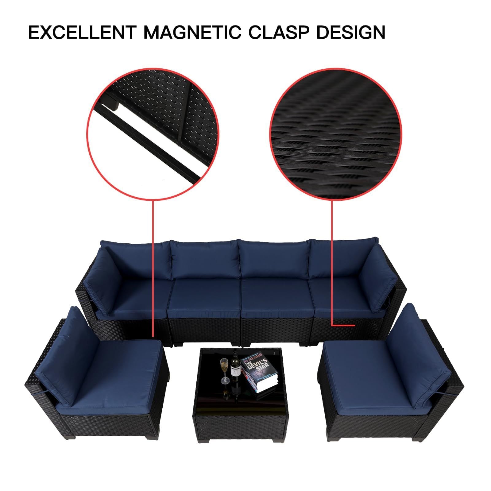 Juego de muebles exterior 7 Pieces Outdoor Rattan Patio Sectional Set, Black Wicker Furniture Conversation Sets With Washable Cushions & Glass Coffee Table For Garden, Poolside, Backyard