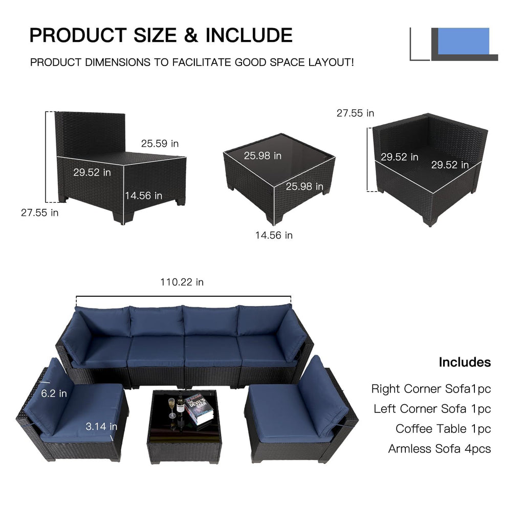 Juego de muebles exterior 7 Pieces Outdoor Rattan Patio Sectional Set, Black Wicker Furniture Conversation Sets With Washable Cushions & Glass Coffee Table For Garden, Poolside, Backyard