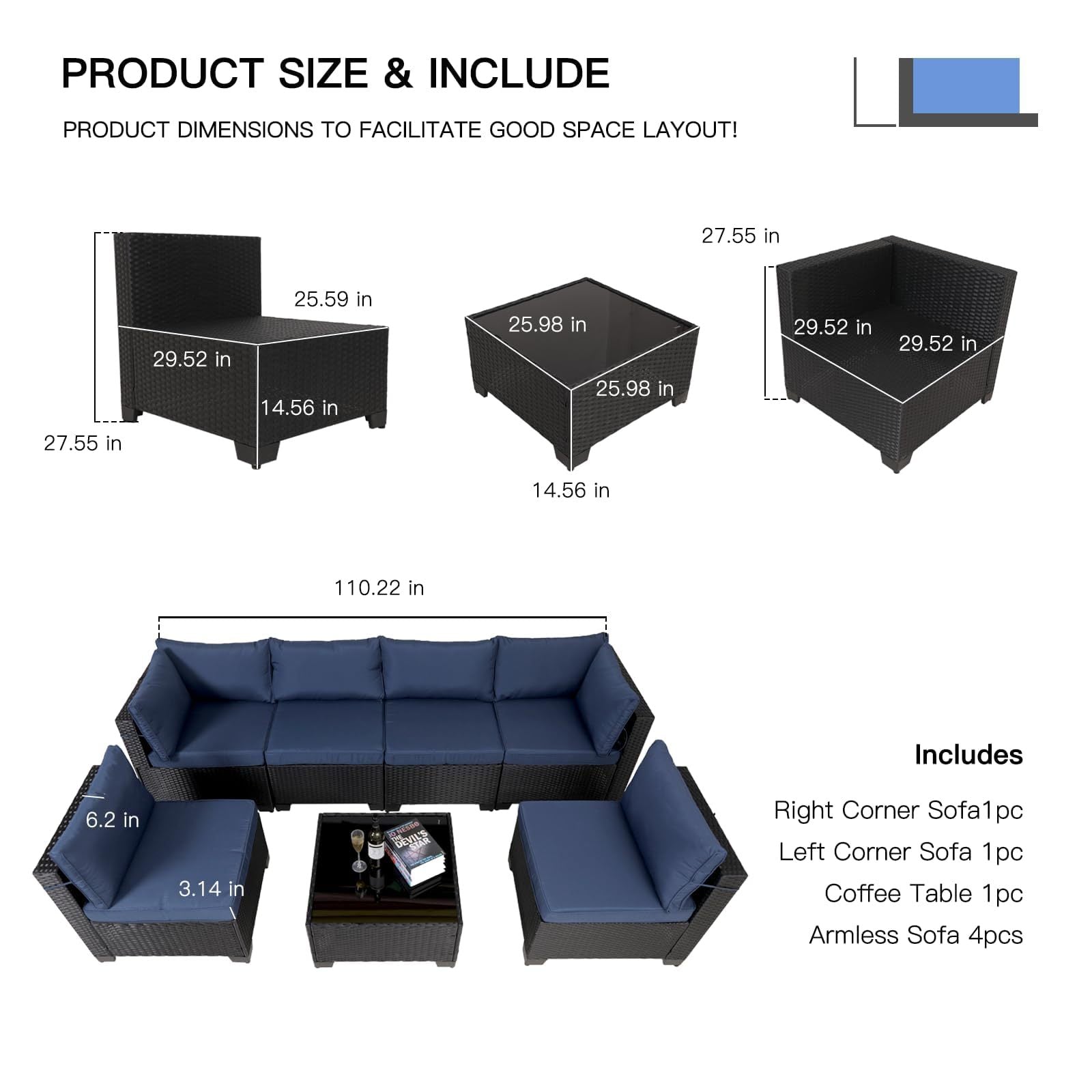 Juego de muebles exterior 7 Pieces Outdoor Rattan Patio Sectional Set, Black Wicker Furniture Conversation Sets With Washable Cushions & Glass Coffee Table For Garden, Poolside, Backyard