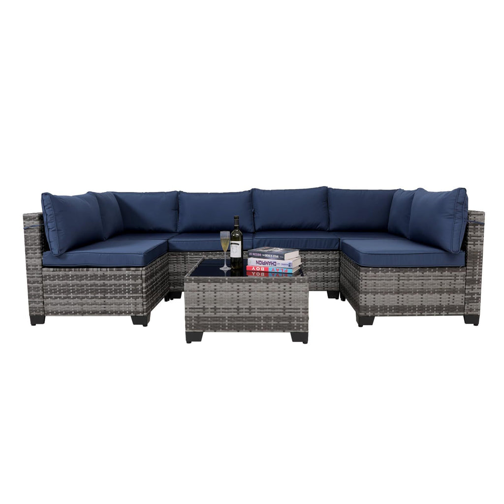 Juego de muebles exterior 7 Pieces Outdoor Rattan Patio Sectional Set, Black Wicker Furniture Conversation Sets With Washable Cushions & Glass Coffee Table For Garden, Poolside, Backyard