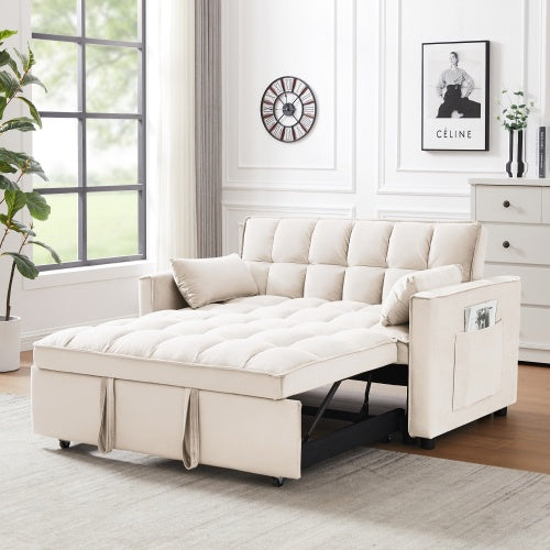Modern Loveseat Futon Sofa Couch W Pullout Bed,Small Love Seat Lounge Sofa W Reclining Backrest,Toss Pillows, Pockets,Furniture For Living Room,3 In 1 Convertible Sleeper Sofa Bed, Creamy White