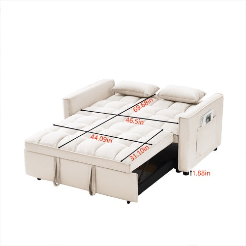 Modern Loveseat Futon Sofa Couch W Pullout Bed,Small Love Seat Lounge Sofa W Reclining Backrest,Toss Pillows, Pockets,Furniture For Living Room,3 In 1 Convertible Sleeper Sofa Bed, Creamy White