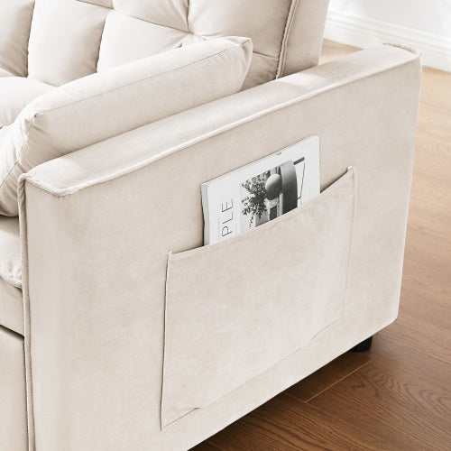 Modern Loveseat Futon Sofa Couch W Pullout Bed,Small Love Seat Lounge Sofa W Reclining Backrest,Toss Pillows, Pockets,Furniture For Living Room,3 In 1 Convertible Sleeper Sofa Bed, Creamy White