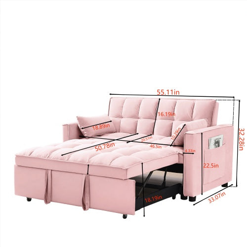 Modern Loveseat Velvet Loveseat Futon Sofa Couch W Pullout Bed,Small Love Seat Lounge Sofa W Reclining Backrest,Toss Pillows, Pockets,Furniture For Living Room,3 In 1 Convertible Sleeper Sofa Bed