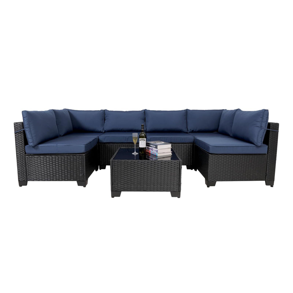 Juego de muebles exterior 7 Pieces Outdoor Rattan Patio Sectional Set, Black Wicker Furniture Conversation Sets With Washable Cushions & Glass Coffee Table For Garden, Poolside, Backyard