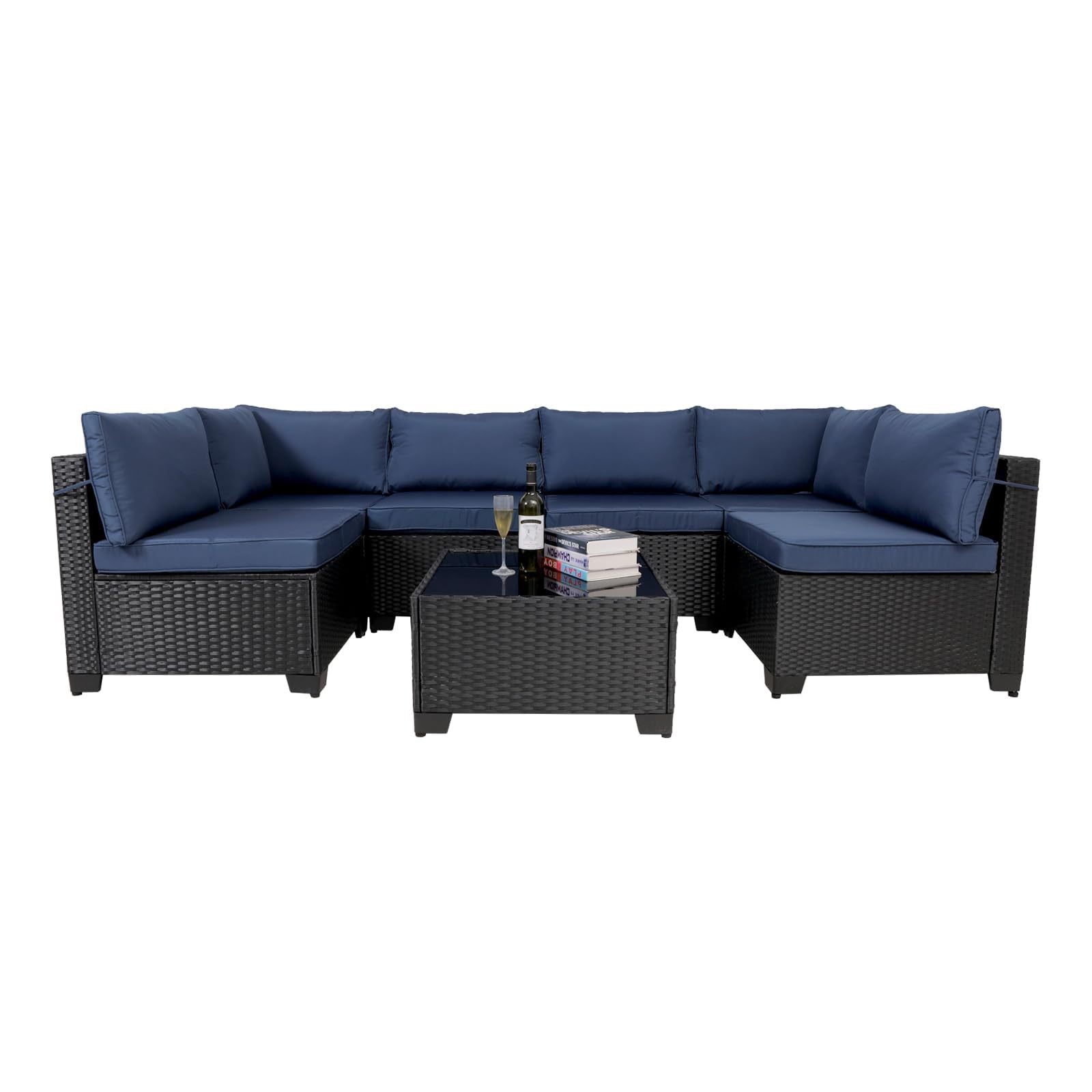 Juego de muebles exterior 7 Pieces Outdoor Rattan Patio Sectional Set, Black Wicker Furniture Conversation Sets With Washable Cushions & Glass Coffee Table For Garden, Poolside, Backyard