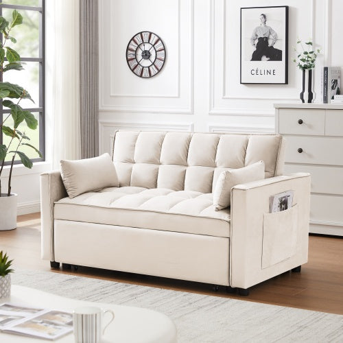 Modern Loveseat Futon Sofa Couch W Pullout Bed,Small Love Seat Lounge Sofa W Reclining Backrest,Toss Pillows, Pockets,Furniture For Living Room,3 In 1 Convertible Sleeper Sofa Bed, Creamy White