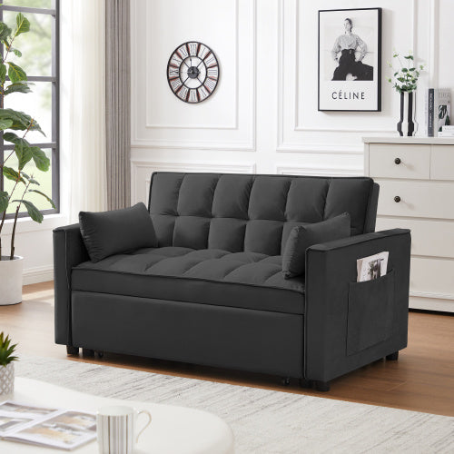 Modern Loveseat Futon Sofa Couch W Pullout Bed,Small Love Seat Lounge Sofa W Reclining Backrest,Toss Pillows, Pockets,Furniture For Living Room,3 In 1 Convertible Sleeper Sofa Bed, Black