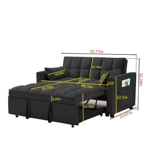 Modern Loveseat Futon Sofa Couch W Pullout Bed,Small Love Seat Lounge Sofa W Reclining Backrest,Toss Pillows, Pockets,Furniture For Living Room,3 In 1 Convertible Sleeper Sofa Bed, Black