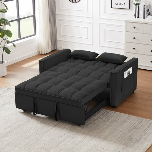 Modern Loveseat Futon Sofa Couch W Pullout Bed,Small Love Seat Lounge Sofa W Reclining Backrest,Toss Pillows, Pockets,Furniture For Living Room,3 In 1 Convertible Sleeper Sofa Bed, Black