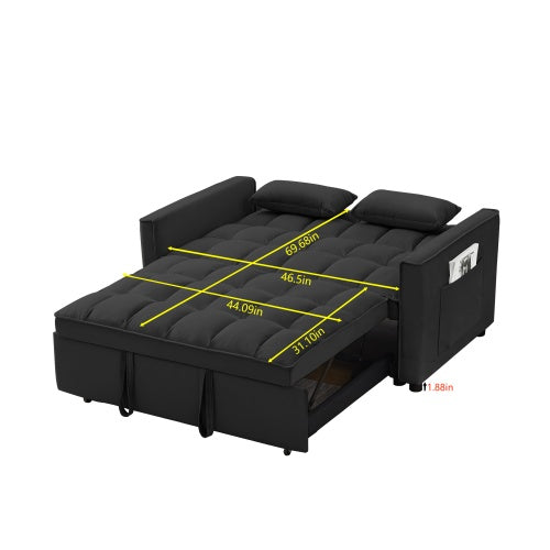 Modern Loveseat Futon Sofa Couch W Pullout Bed,Small Love Seat Lounge Sofa W Reclining Backrest,Toss Pillows, Pockets,Furniture For Living Room,3 In 1 Convertible Sleeper Sofa Bed, Black