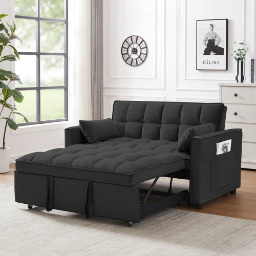 Modern Loveseat Futon Sofa Couch W Pullout Bed,Small Love Seat Lounge Sofa W Reclining Backrest,Toss Pillows, Pockets,Furniture For Living Room,3 In 1 Convertible Sleeper Sofa Bed, Black