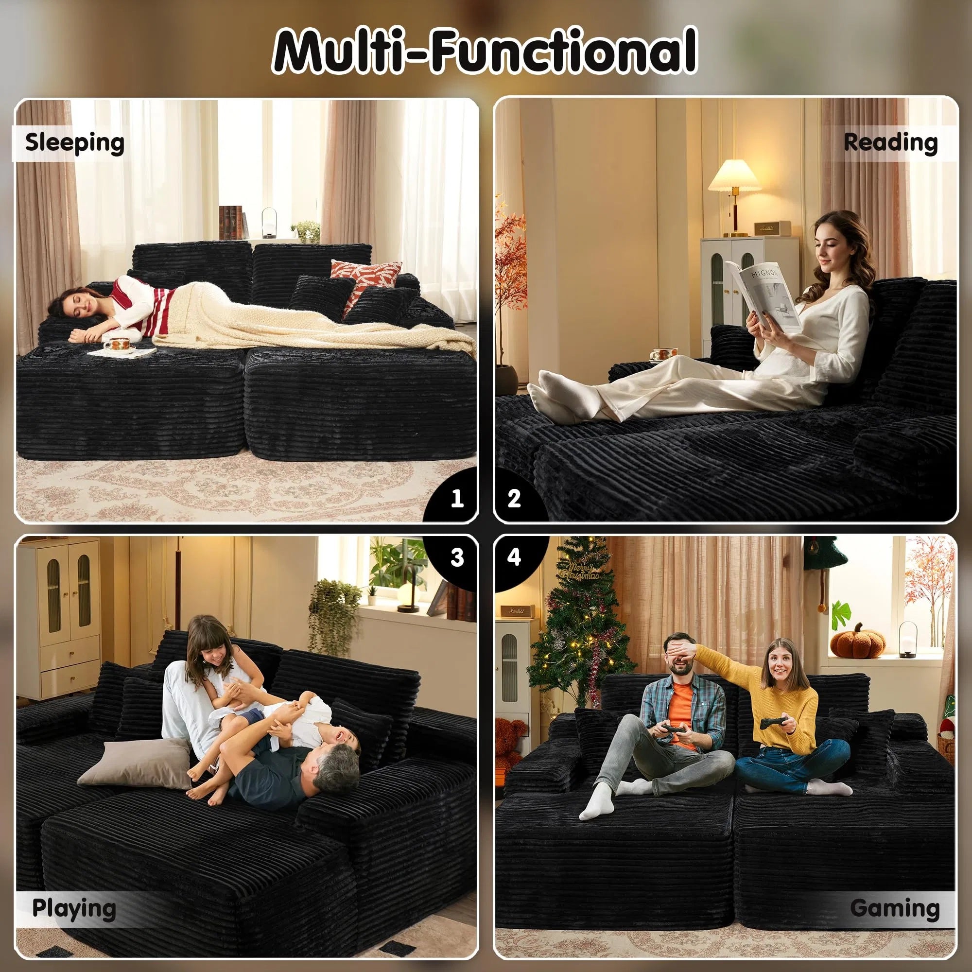 Loveseat Oversized Double Lounge Chaise,Cloud Plush Sofa Bed,Upholstered Boneless Cloud Sofa Deep Seat,No Assembly Required,Modern Corduroy Sleeper Loveseat Chair For Living Room Bedroom Reading,Black
