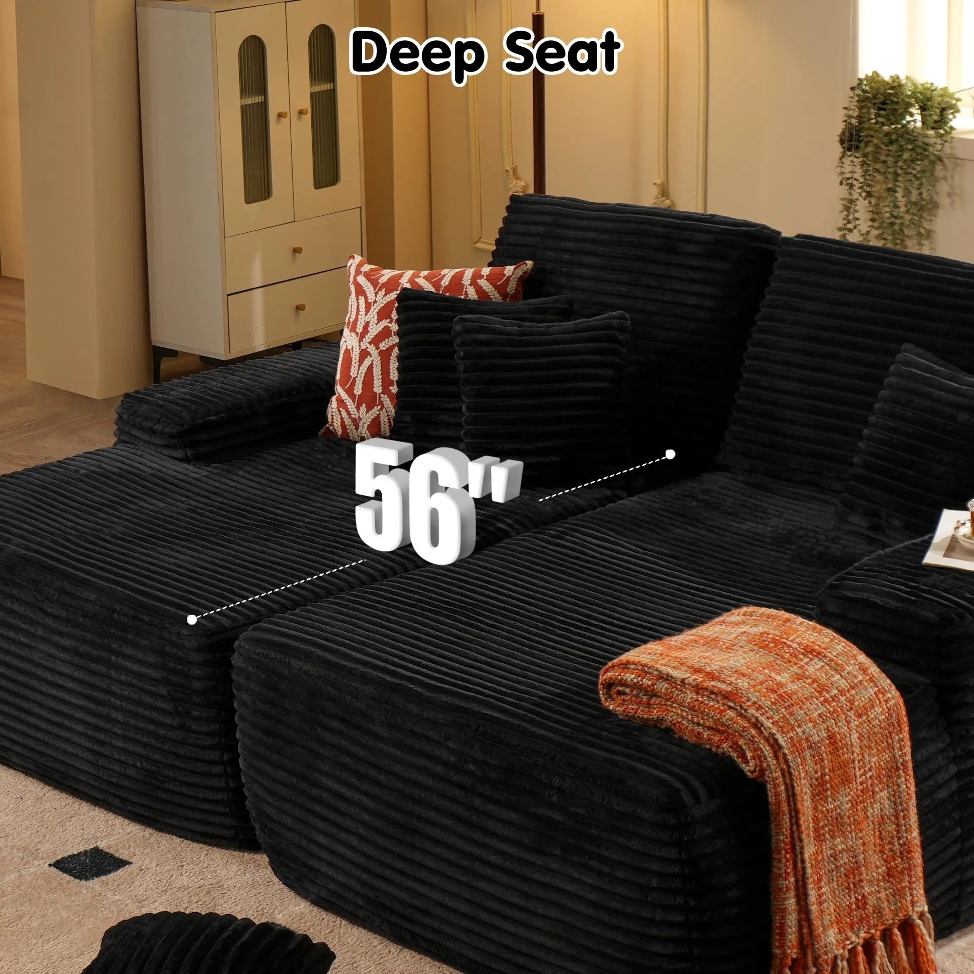 Loveseat Oversized Double Lounge Chaise,Cloud Plush Sofa Bed,Upholstered Boneless Cloud Sofa Deep Seat,No Assembly Required,Modern Corduroy Sleeper Loveseat Chair For Living Room Bedroom Reading,Black