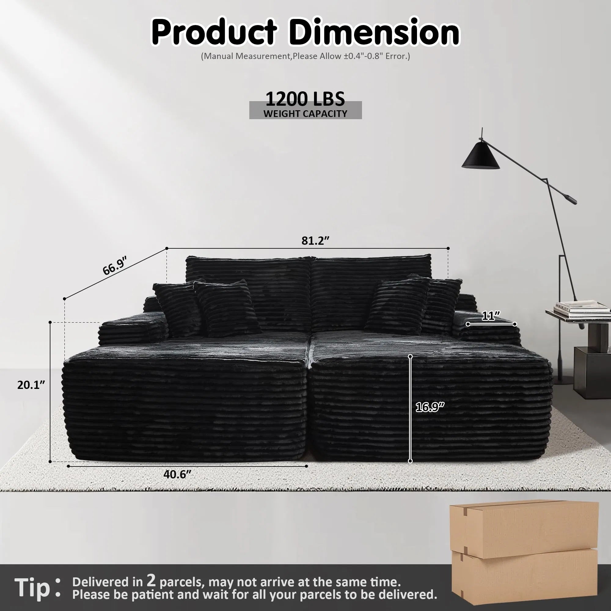 Loveseat Oversized Double Lounge Chaise,Cloud Plush Sofa Bed,Upholstered Boneless Cloud Sofa Deep Seat,No Assembly Required,Modern Corduroy Sleeper Loveseat Chair For Living Room Bedroom Reading,Black