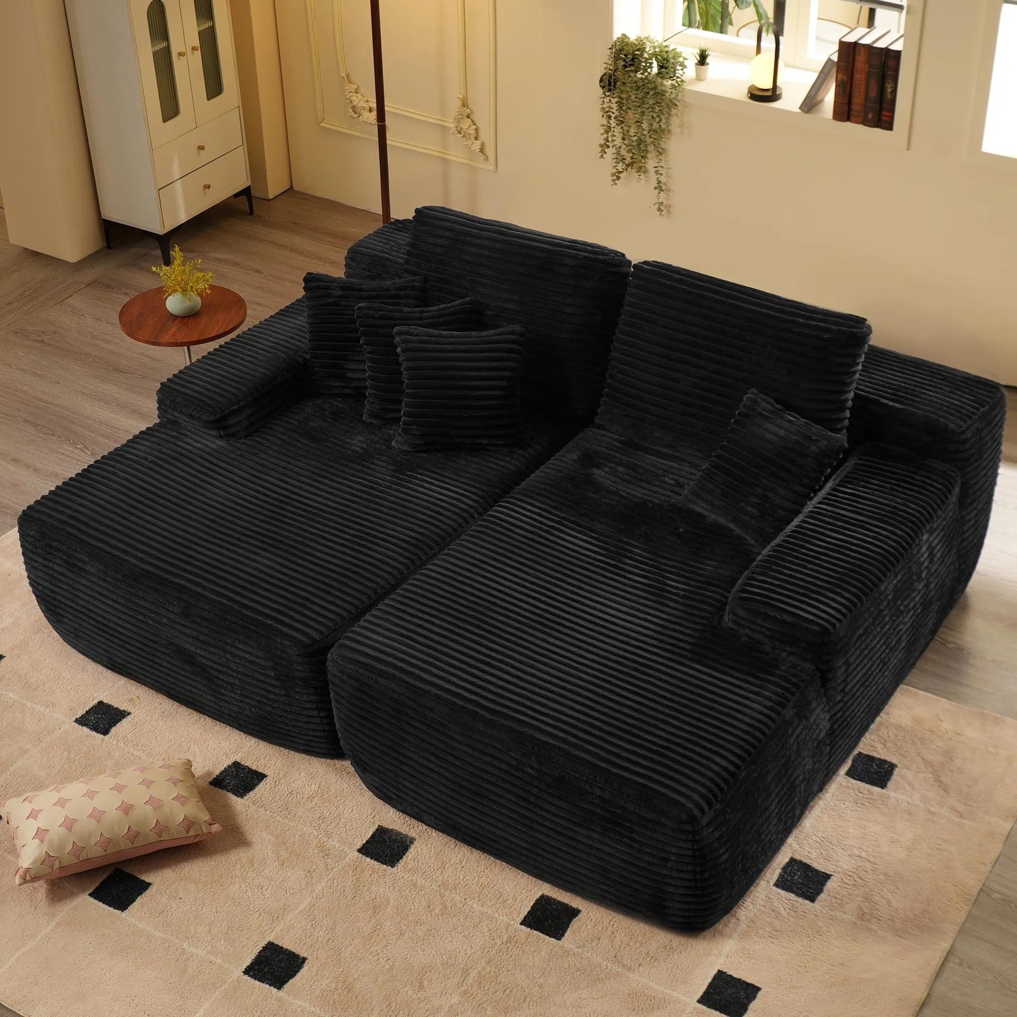 Loveseat Oversized Double Lounge Chaise,Cloud Plush Sofa Bed,Upholstered Boneless Cloud Sofa Deep Seat,No Assembly Required,Modern Corduroy Sleeper Loveseat Chair For Living Room Bedroom Reading,Black