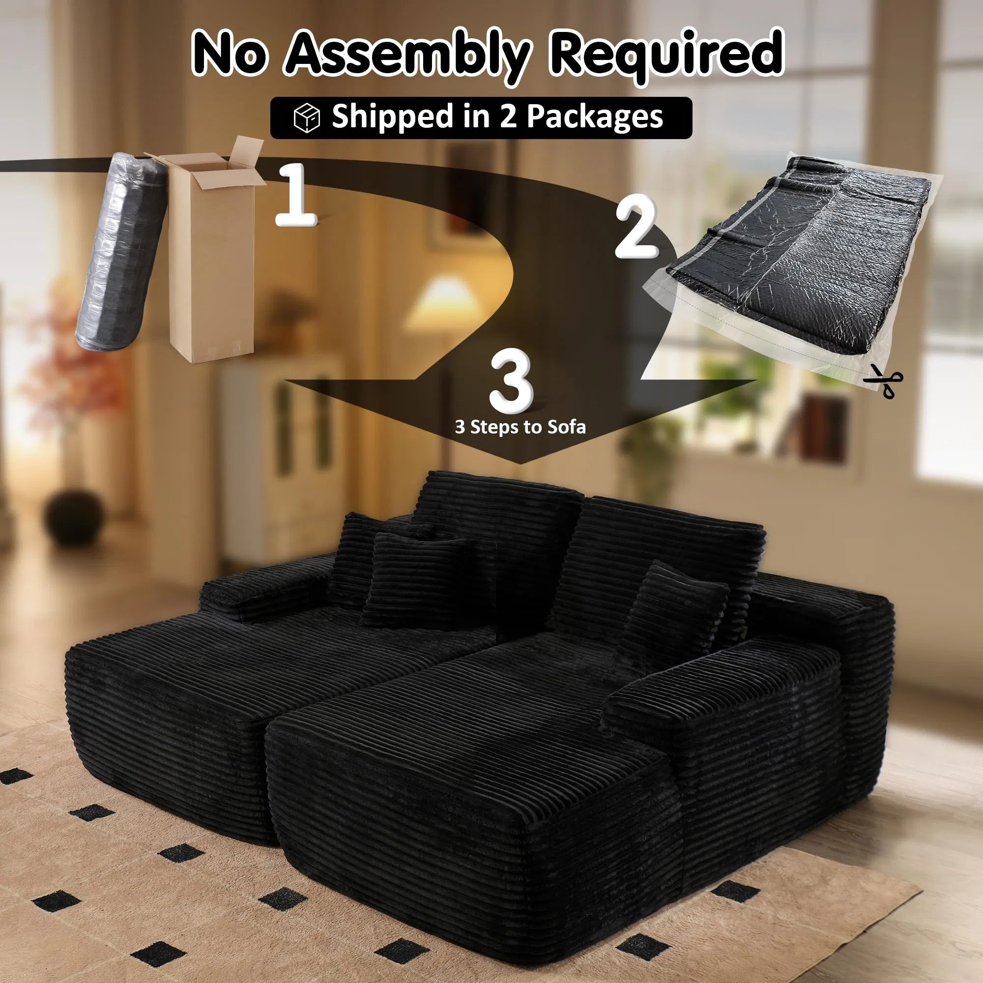 Loveseat Oversized Double Lounge Chaise,Cloud Plush Sofa Bed,Upholstered Boneless Cloud Sofa Deep Seat,No Assembly Required,Modern Corduroy Sleeper Loveseat Chair For Living Room Bedroom Reading,Black