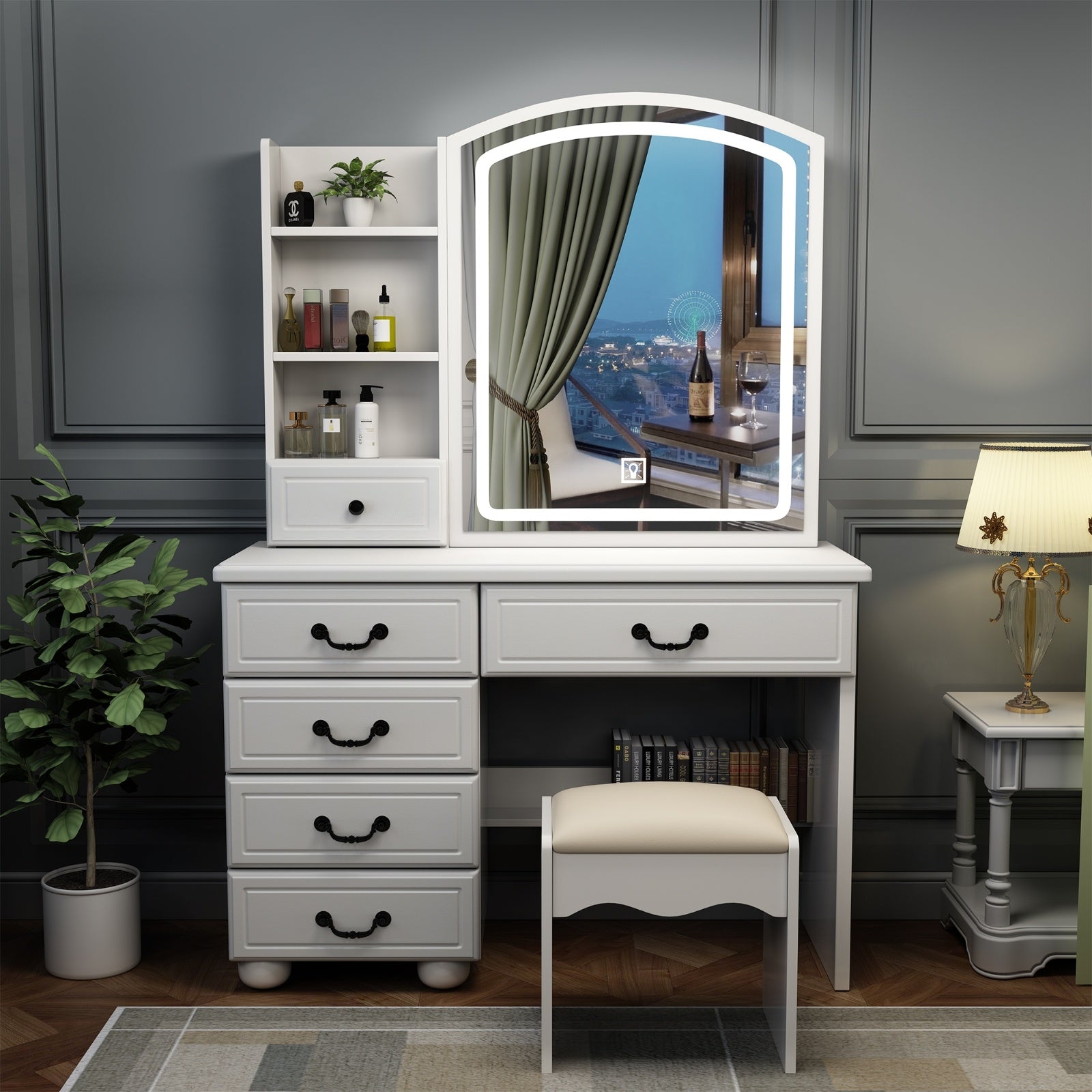 Tocador Vanity Desk With Mirror & Lights, Makeup Table Set