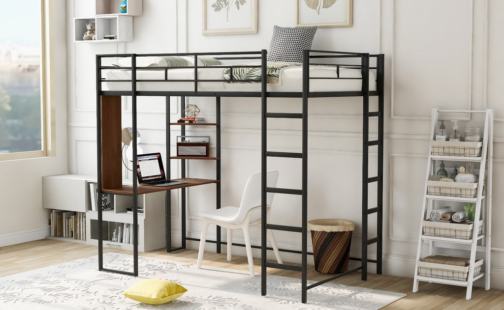 Twin Metal Loft Bed With 2 Shelves And One Desk ,BLACK