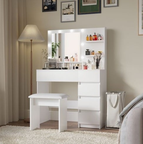Tocador Vanity, Makeup Vanity Desk Set With Mirror & Light, Dressing Table Storage Lots With Power Strip, 3 Lighting Modes With Adjustable Brightness, 37 Inches White With Stool