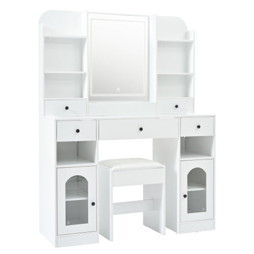 Tocador Vanity Desk With LED Mirror And Lights, Glass Top Vanity With RGB Glass Light Cabinets, Dressing Table With 5 Drawers ,Storage Shelves And Stool For Bedroom, White
