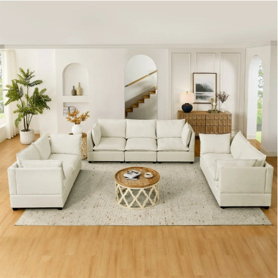 Sofa3-Piece Chenille Fabric Upholstered Living Room Furniture Set, Including 3-Seater Sofa With Seat And Back Cushion Beige White