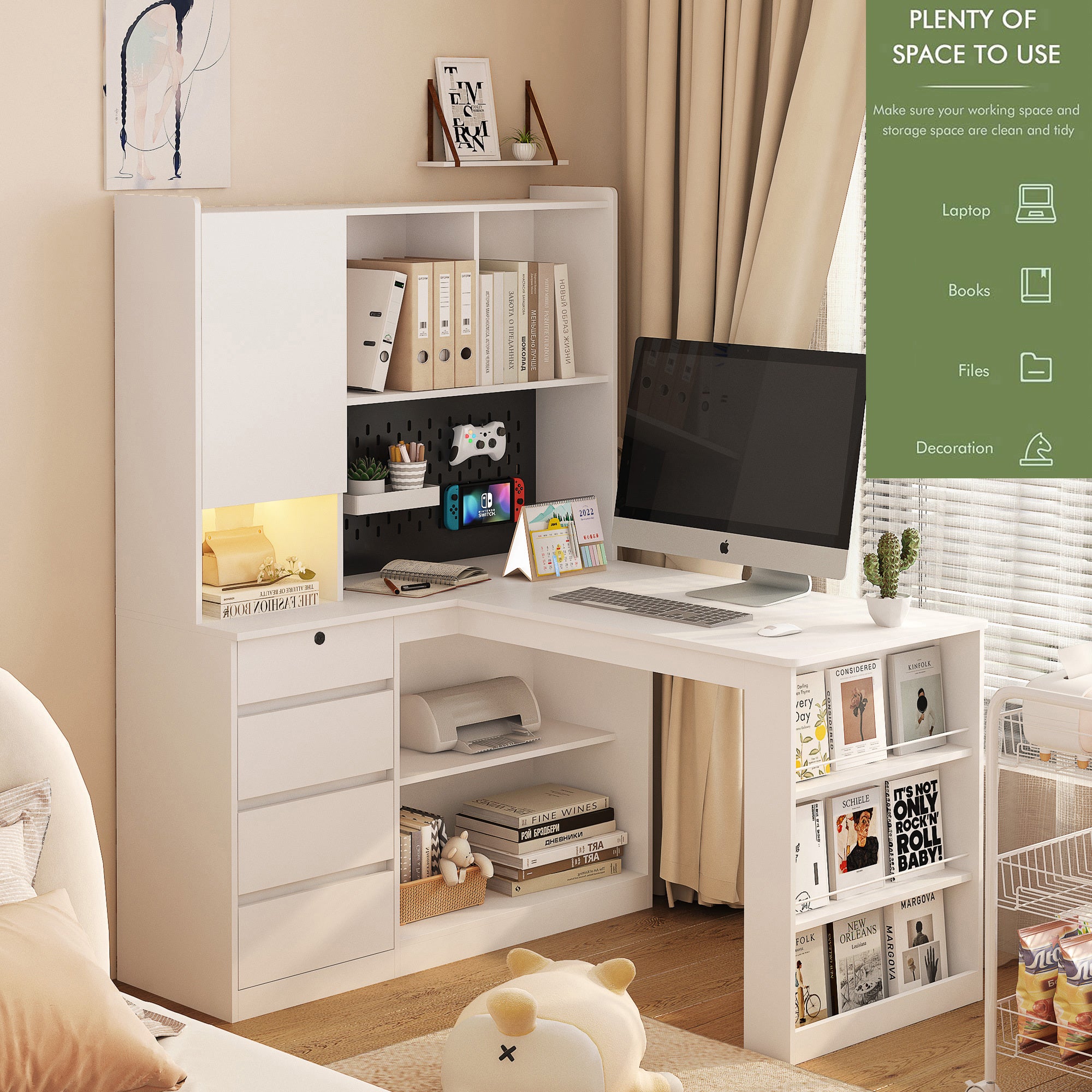 L Shaped Desk With Charger,Computer Desk With Drawers,Bookshelf,with LED Light,Modern Corner Desk,Home Office Desk,L-Shaped Study Table Writing Desk,Corner Gaming Computer Desk With Storage