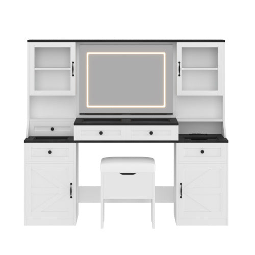 Tocador Vanity Desk With Mirror And LED Lights, Dressing Table With 5 Drawers And 4 Cabinets, Makeup Vanity Table Set With Glass Visual Desktop And Cushion Stool, For Bedroom