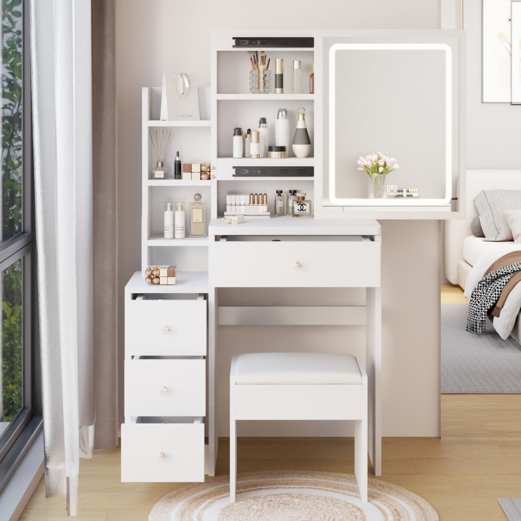 Tocador Left Bedside Cabinet Vanity Table   Cushioned Stool, Extra Large Touch Control Sliding LE