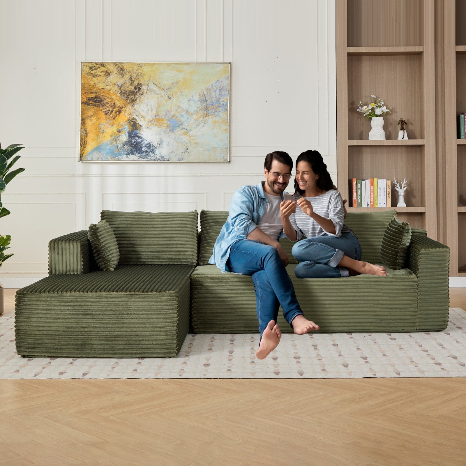 Modular L-Shaped Compression Sofa Bed With Corduroy Fabric - Convertible Sectional Sofa, Foldable Floor Couch Sleeper, Space-Saving Flannel-Like Lounge For Small Apartments, Living Room & Game Room NO TUME