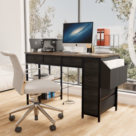 47 Computer Desk With Power Outlet,Writing Desk With 7 Fabric Drawers,Vanity Table Drawers And Large Side Pocket,Rustic Brown